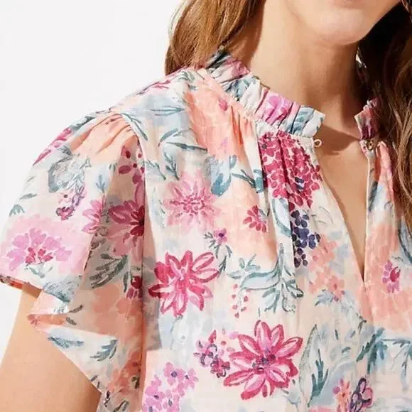 Ann Taylor LOFT Pink Champagne Floral Flutter Sleeve Mini Dress Size X-Small NWT - Picture 2 of 10